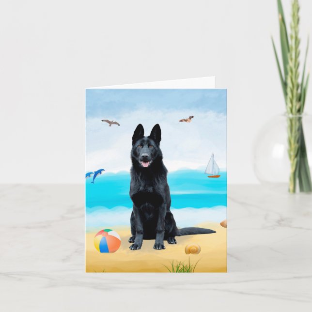 Schwarzer Schäferhund am Strand Karte (Vorderseite)