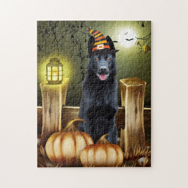 Schwarzer Schäferhund Hund Hexenhut Halloween (Vertikal)