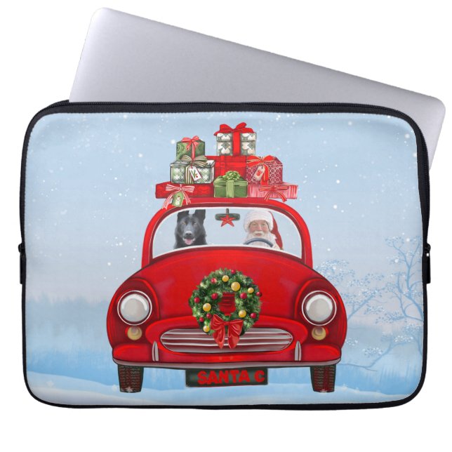 Schwarzer Schäferhund in Auto mit dem Weihnachtsma Laptopschutzhülle (Vorderseite)