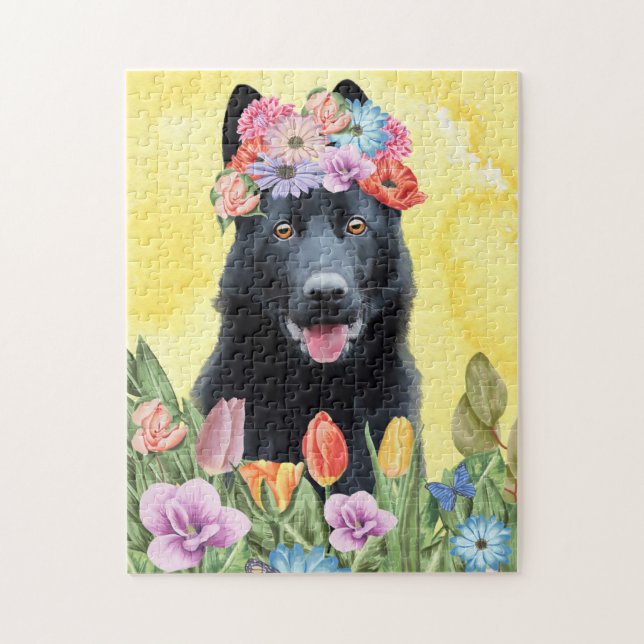 Schwarzer Schäferhund mit Blume Frühjahr (Vertikal)