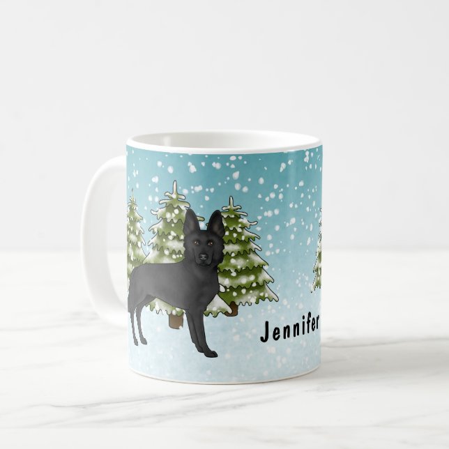 Schwarzer Schäferhund Winterwald mit Namen Kaffeetasse (Vorderseite Links)