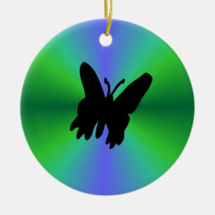 Schwarzer Schmetterling auf blauem grünem Regenbog Keramik Ornament