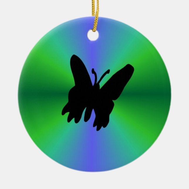 Schwarzer Schmetterling auf blauem grünem Regenbog Keramik Ornament (Vorne)