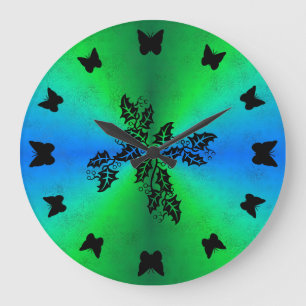 Schwarzer Schmetterling auf grünem Regenbogen in L Große Wanduhr