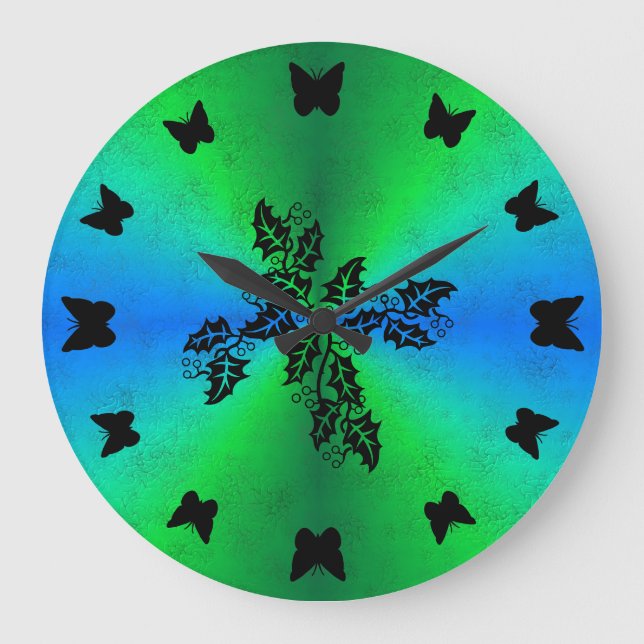 Schwarzer Schmetterling auf grünem Regenbogen in L Große Wanduhr (Vorderseite)