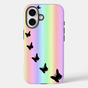 Schwarzer Schmetterling auf Pastell Rainbow iPhone 16 Hülle