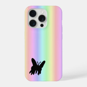 Schwarzer Schmetterling auf Pastell-Regenbogen iPhone 15 Pro Hülle