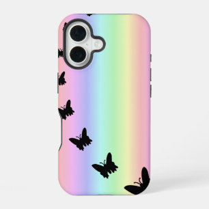 Schwarzer Schmetterling auf Pastell-Regenbogen iPhone 16 Hülle