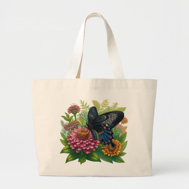 Schwarzer Schmetterling, der eine rosa Zinnia unte Jumbo Stoffbeutel (Vorne)