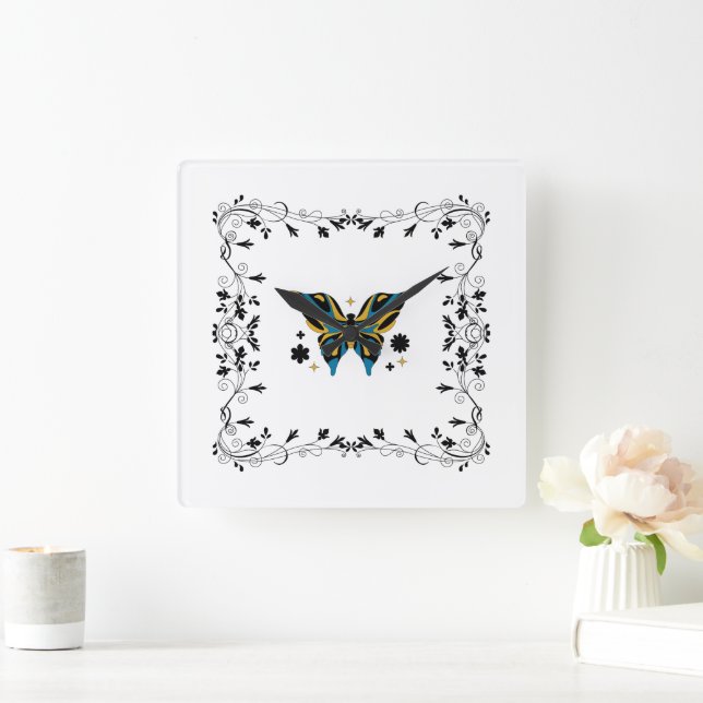 Schwarzer Schmetterling, florale Kunst, weißliche  Quadratische Wanduhr (Zuhause)
