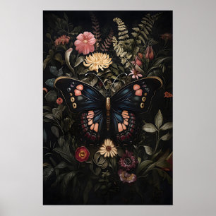 Schwarzer Schmetterling im dunklen Blumengarten, m Poster
