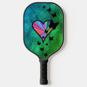 Schwarzer Schmetterling im Regenbogenherz Pickleball Schläger