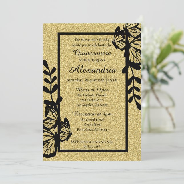 Schwarzer Schmetterling Quinceanera Einladung (Stehend Vorderseite)