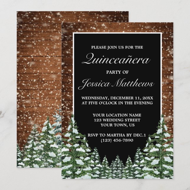 Schwarzer Schneewald und Waldkiefer Quinceañera Einladung (Vorne/Hinten)