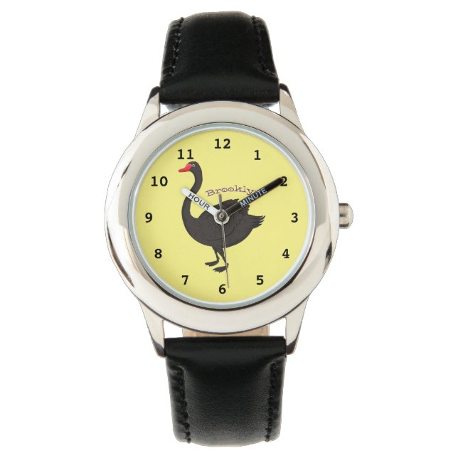 Schwarzer Schwan-Cartoon-Abbildung Armbanduhr (Vorderseite)