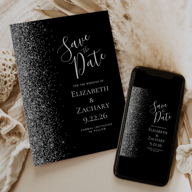 Schwarzer Silber Glitzer Edge Save the Date Ankündigung (Von Creator hochgeladen)