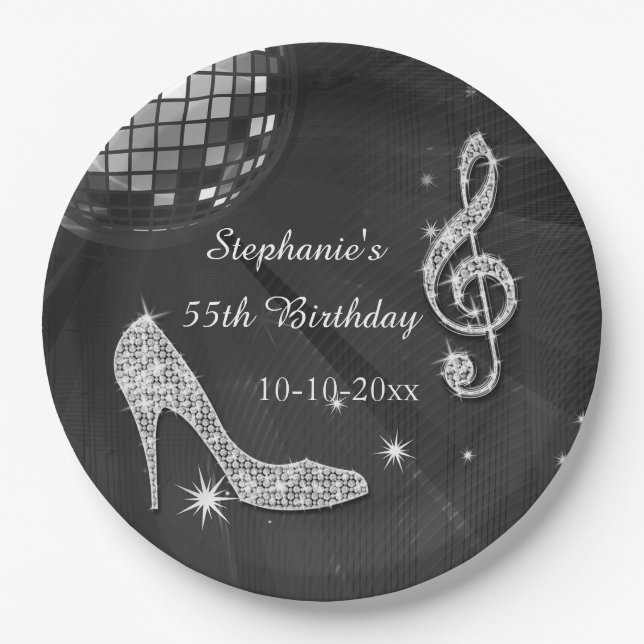 Schwarzer/silberner Disco-Ball und Heels-55. Pappteller (Vorderseite)