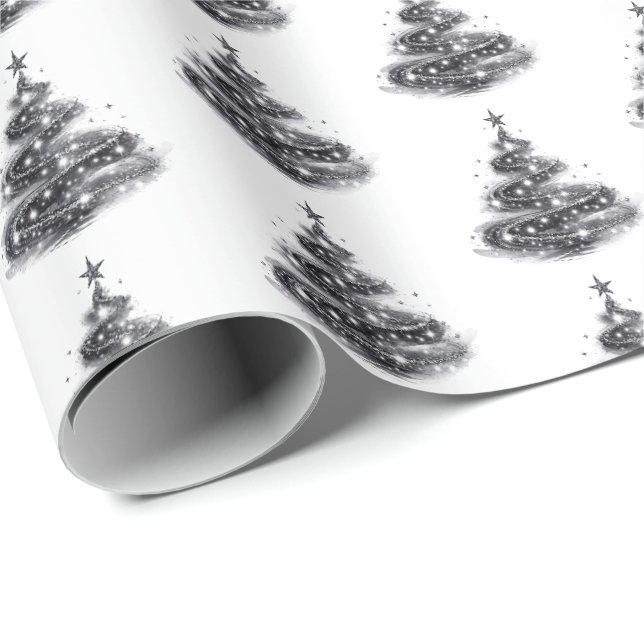 Schwarzer silberner funkelnder Weihnachtsbaum Geschenkpapier (Rolleneckpunkt)