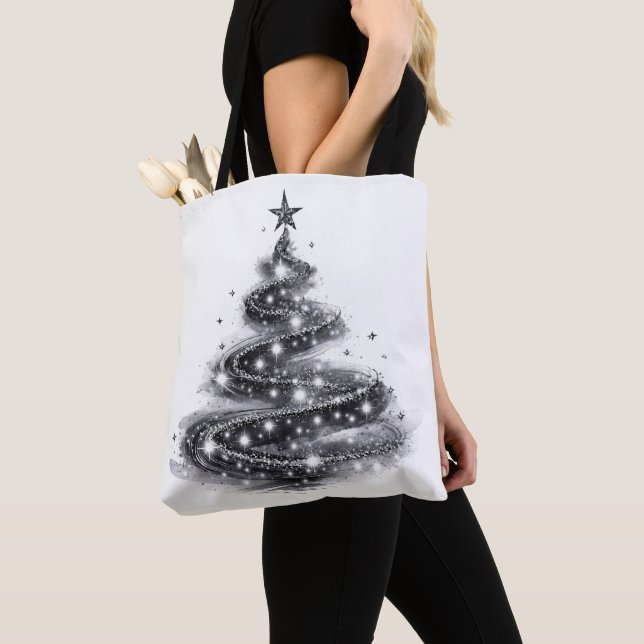 Schwarzer silberner funkelnder Weihnachtsbaum Tasche (Von Nahem)