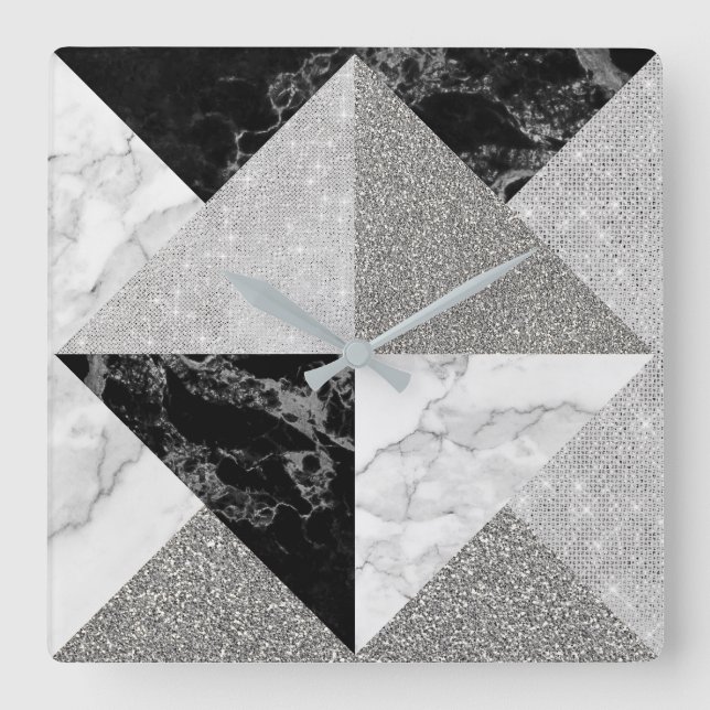 Schwarzer silberner Glitzer-Marmor-graue Geometrie Quadratische Wanduhr (Vorderseite)