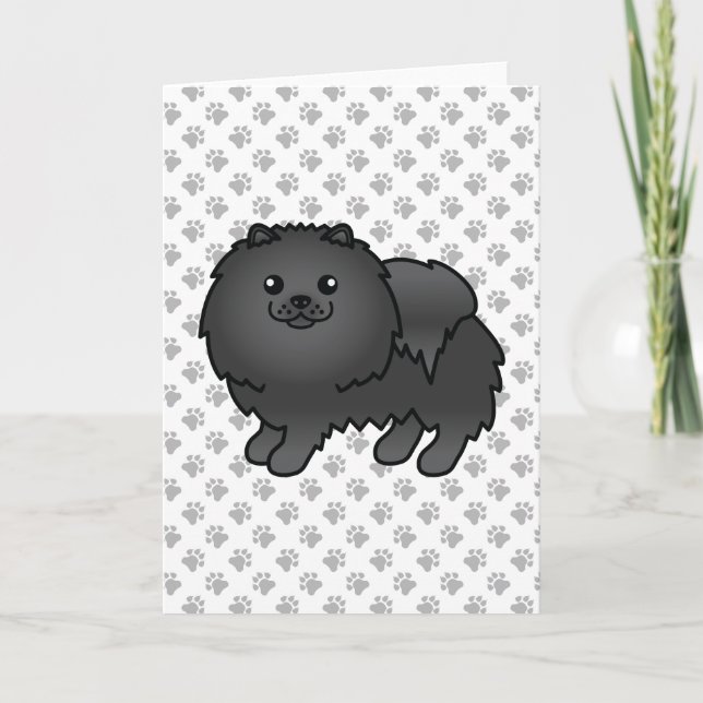 Schwarzer Spitz Niedlich Cartoon Dog & Paws Karte (Vorderseite)