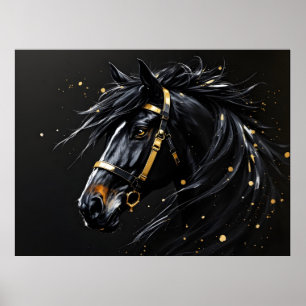 Schwarzer Stallion auf schwarzen Goldfarben und We Poster