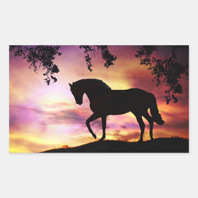 Schwarzer Stallion in den Sonnenuntergang-Stickern Rechteckiger Aufkleber (Vorderseite)