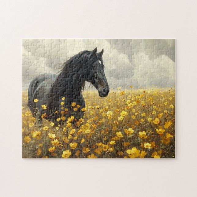 Schwarzer Stallion mit gelben Wildblumen (Horizontal)