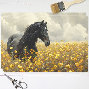 Schwarzer Stallion mit gelben Wildblumen Decoupage Seidenpapier