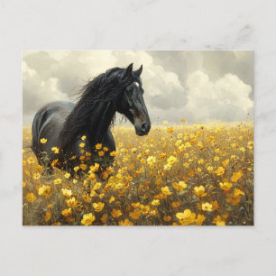 Schwarzer Stallion mit gelben Wildblumen Postkarte