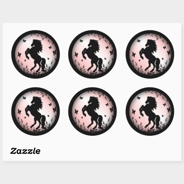 Schwarzer Stallion rosa züchten Runder Aufkleber (Blatt)