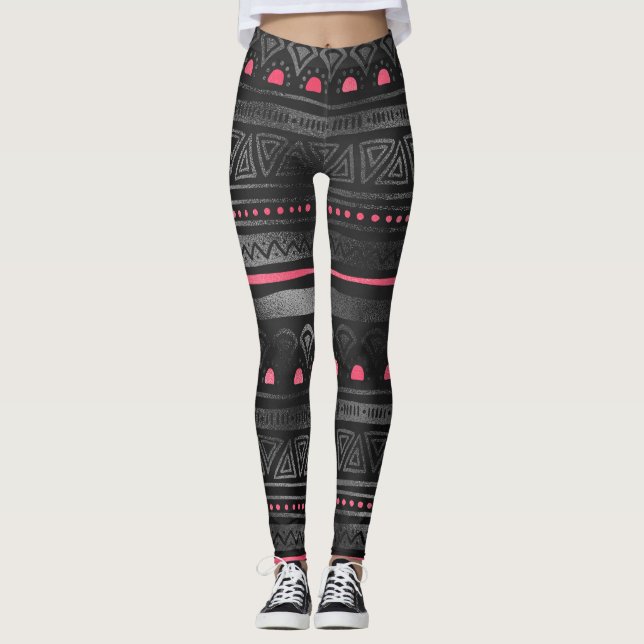 Schwarzer Stammdruck mit rosa Akzenten Leggings (Vorderseite)