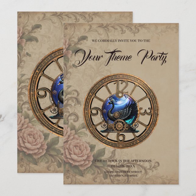 Schwarzer Steampunk mit Uhren und Gängen. Einladung (Vorne/Hinten)