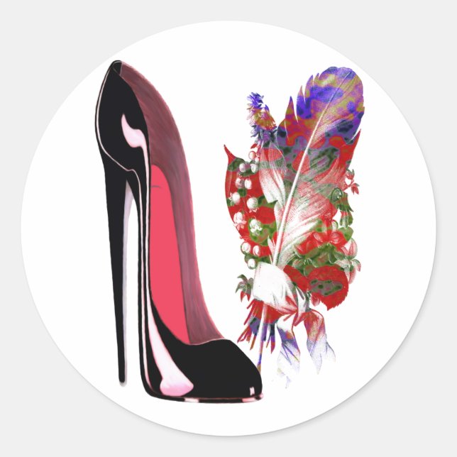 Schwarzer Stilett-Absatz-Schuh und Blumenstrauß Runder Aufkleber (Vorderseite)