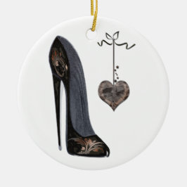 Schwarzer Stilett-Schuh und Herz Keramik Ornament