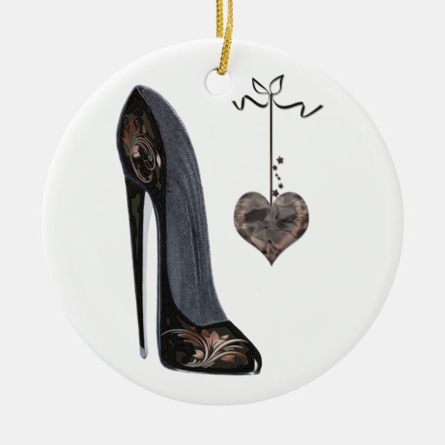 Schwarzer Stilett-Schuh und Herz Keramik Ornament (Vorne)