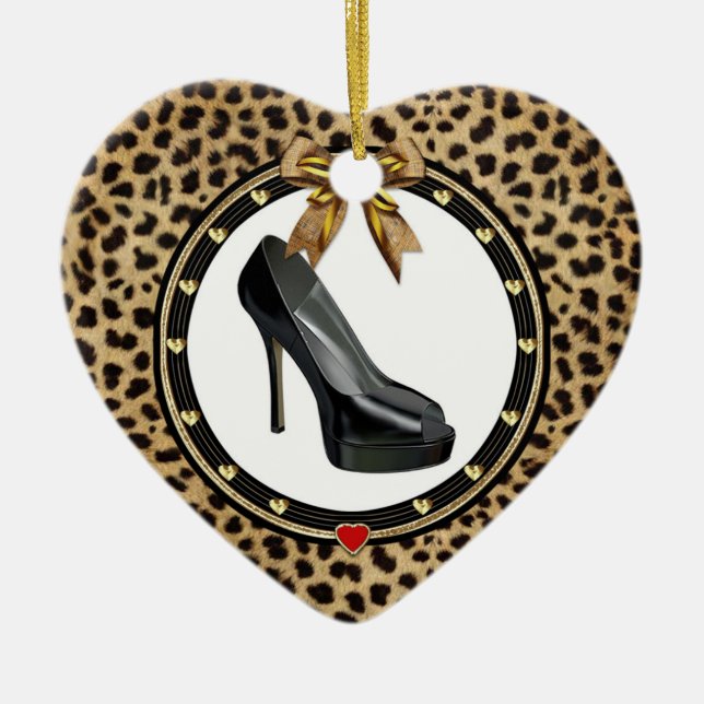 Schwarzer Stiletto Cheetah Personalisiertes Herz O Keramikornament (Vorne)