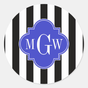 Schwarzer Streifen Kobalt Blue Quatrefolie 3 Monog Runder Aufkleber