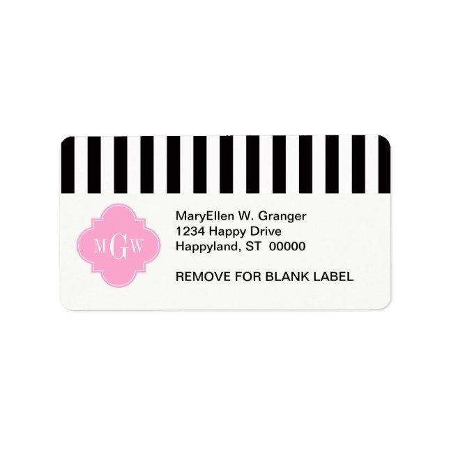 Schwarzer Streifen Rosa Folie 3 Monogramm Adressaufkleber (Vorne)