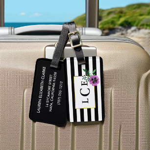 Schwarzer Streifen und Lila Pansy-Monogramm-Gepäck Gepäckanhänger