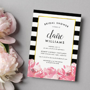 Schwarzer Streifen und rosa Peony Bridal Dusche Ei Einladung