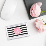 Schwarzer Streifen und rosa Wasserfarben erste Mon Visitenkarten Dose<br><div class="desc">Diese schicke,  feminine Visitenkartenhalterung ist mit schwarz-weißen Streifen mit einem rosa Aquarellblende versehen,  die Ihr erstes oder Monogramm in weißer Serif kursiv umgibt.</div>