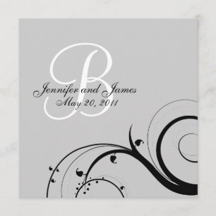Schwarzer Swirl Monogramm B Graue Hochzeitseinladu Einladung