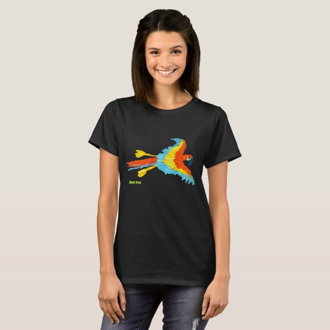 Schwarzer T - Shirt mit Scarlet Macaw durch (Vorne ganz)