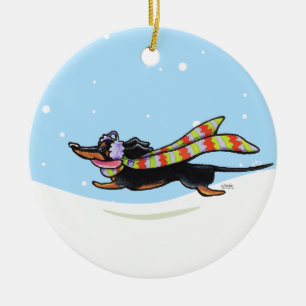 Schwarzer TAN-Dackel-Kälte-Laufwinter Keramik Ornament