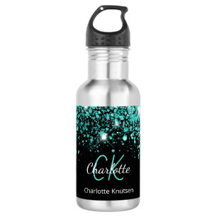 Schwarzer Teal-Glitter-Monogramm-Name glamourös Edelstahlflasche