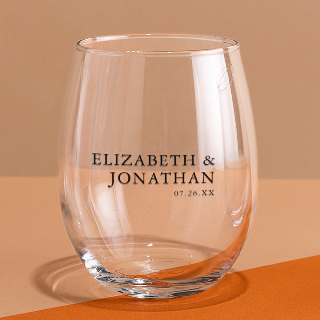 Schwarzer Text Moderne Minimalistische Paare Namen Weinglas Ohne Stiel (Black Text Modern Minimalist Couples Names Stemless Wine Glass)