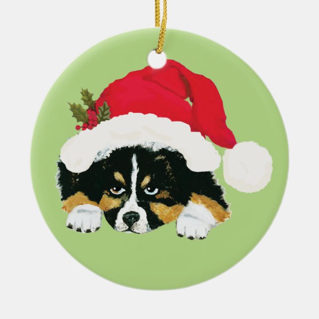 Schwarzer Tri australischer Weihnachtswelpe Keramikornament (Vorne)