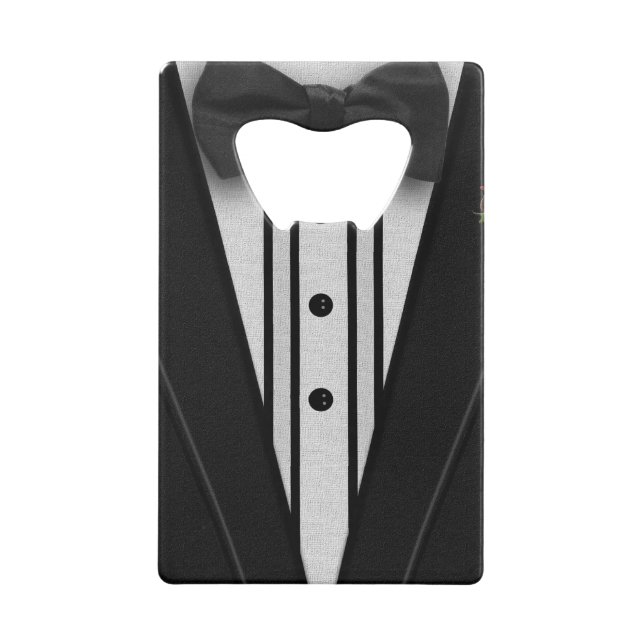 Schwarzer Tuxedo mit Bogen-Krawatte Kreditkartenflaschenöffner (Rückseite)