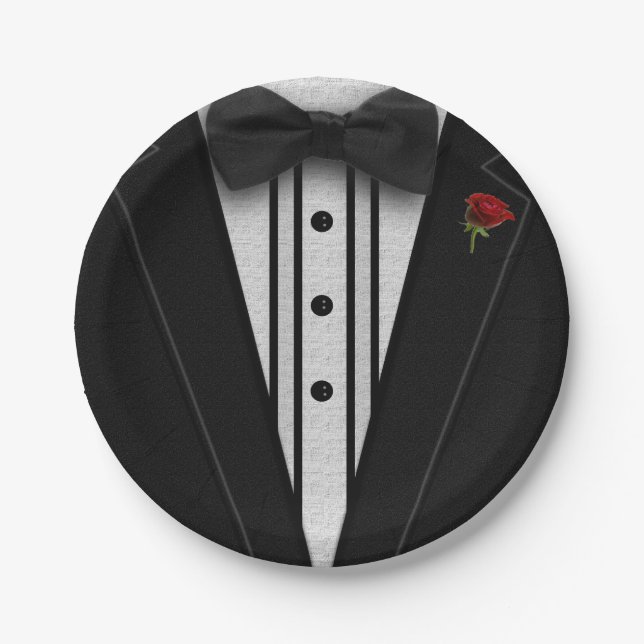 Schwarzer Tuxedo mit Bogen-Krawatte Pappteller (Vorderseite)